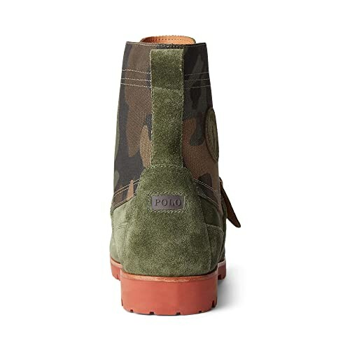 Back view of a green camouflage boot with suede and rubber sole.