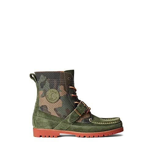 Green camouflage leather boot with buckle and red sole.