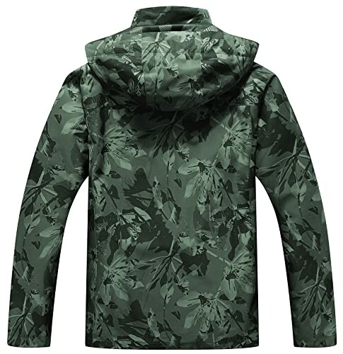 Back view of green camouflage jacket with hood