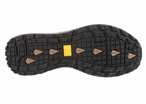 Bottom view of a hiking boot sole with a rugged tread pattern.