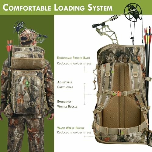 Camouflage hunting backpack with bow and arrows, ergonomic padded back, adjustable chest strap, and waist wrap buckle.