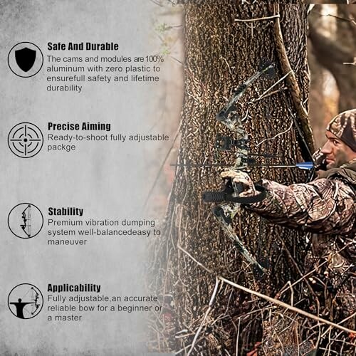 Hunter in camouflage aiming a bow in a forest.