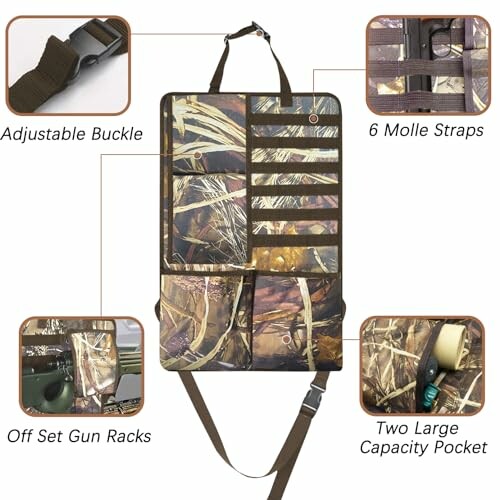 Camouflage hunting gear organizer with adjustable buckle, 6 molle straps, off set gun racks, and two large capacity pockets.