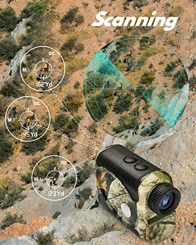 Digital hunting rangefinder scanning targets in desert terrain.