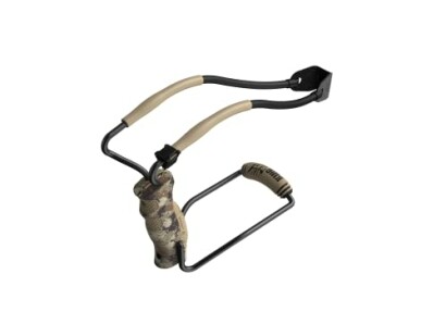 Camouflage hunting slingshot with ergonomic grip and elastic bands.