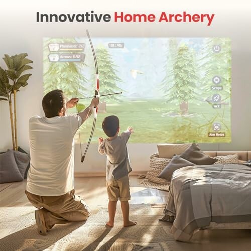 Man and child practicing archery with a home simulator.