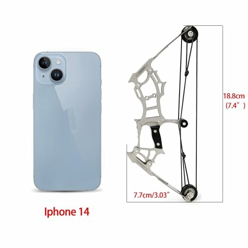 iPhone 14 next to compound bow parts with measurements