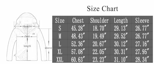 Jacket size chart with measurements for chest, shoulder, length, and sleeve.