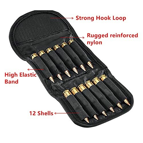 Nylon holder with 12 bullet slots and labeled features.