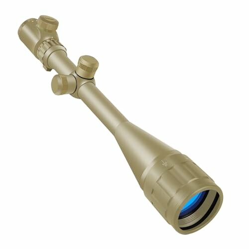 Tan rifle scope with blue lens