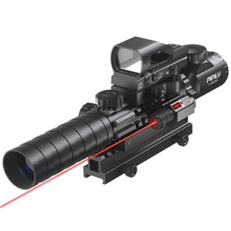 Rifle scope with laser sight and additional optics.