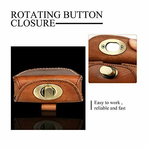 Leather case with rotating button closure detail.