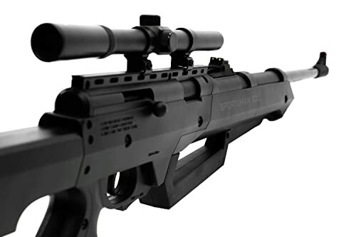 Black sniper rifle with scope, side view.