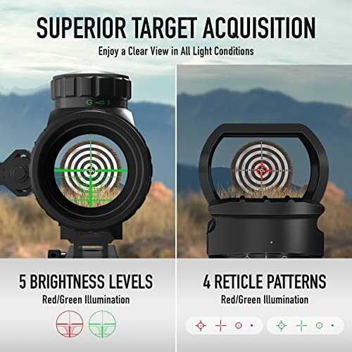 Rifle scope with brightness and reticle options displayed