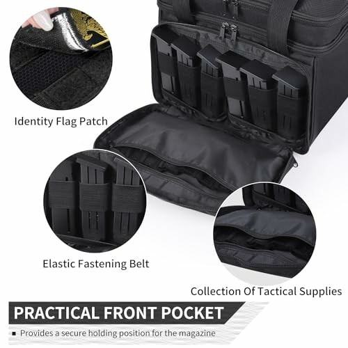 Tactical gear bag with front pocket and magazine holders.