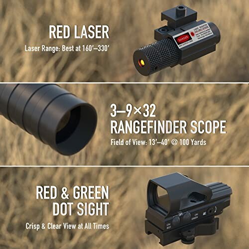 Components of a tactical optics kit including a red laser, rangefinder scope, and red & green dot sight.