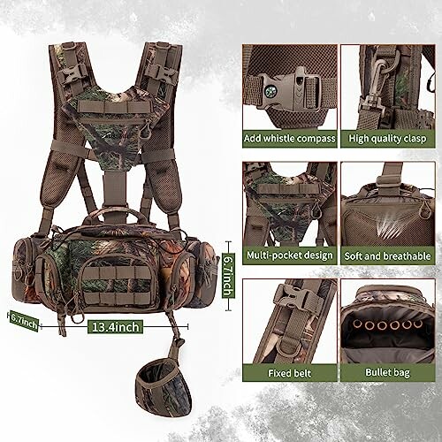 Tactical vest with multiple pockets and features for hunting.