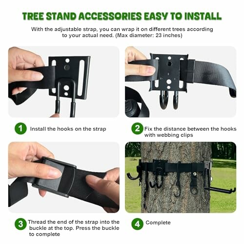 Guide to installing tree stand accessories with adjustable strap and hooks.