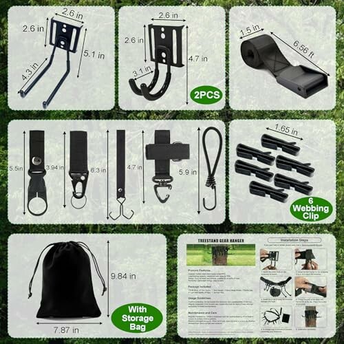 Tree stand gear hanger set with multiple hooks, webbing clips, storage bag, and installation guide.