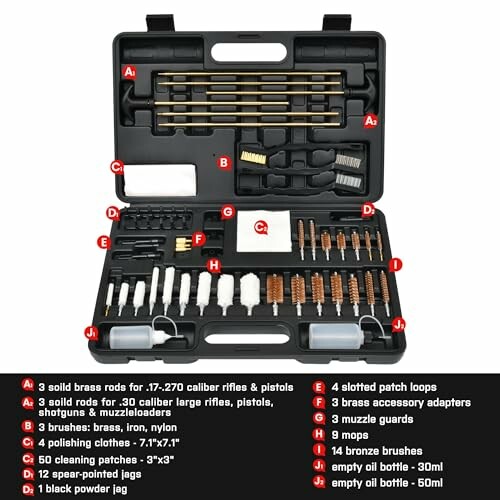 Universal gun cleaning kit with various brushes, rods, and accessories in a black case.