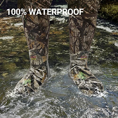 Camouflage boots in water, labeled 100% waterproof.